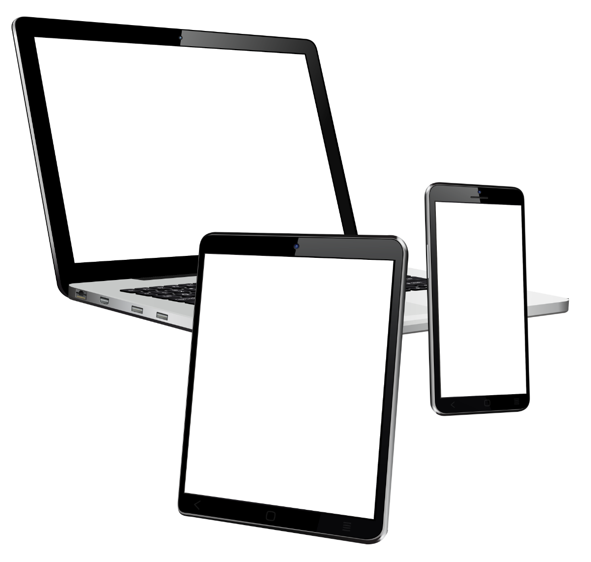 A laptop, tablet and mobile phone