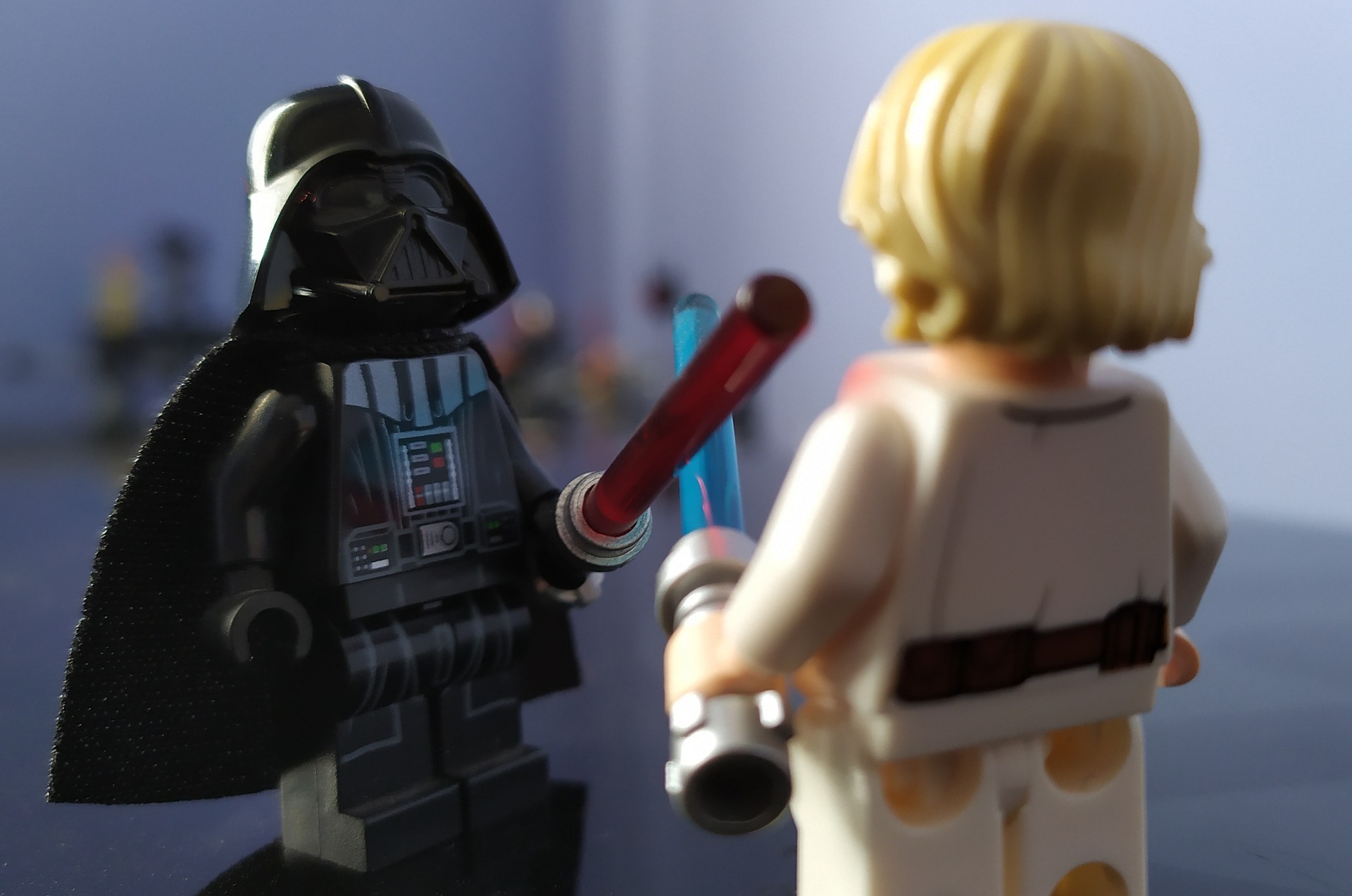 Picture of Lego darth Vader and Luke Skywalker fighting