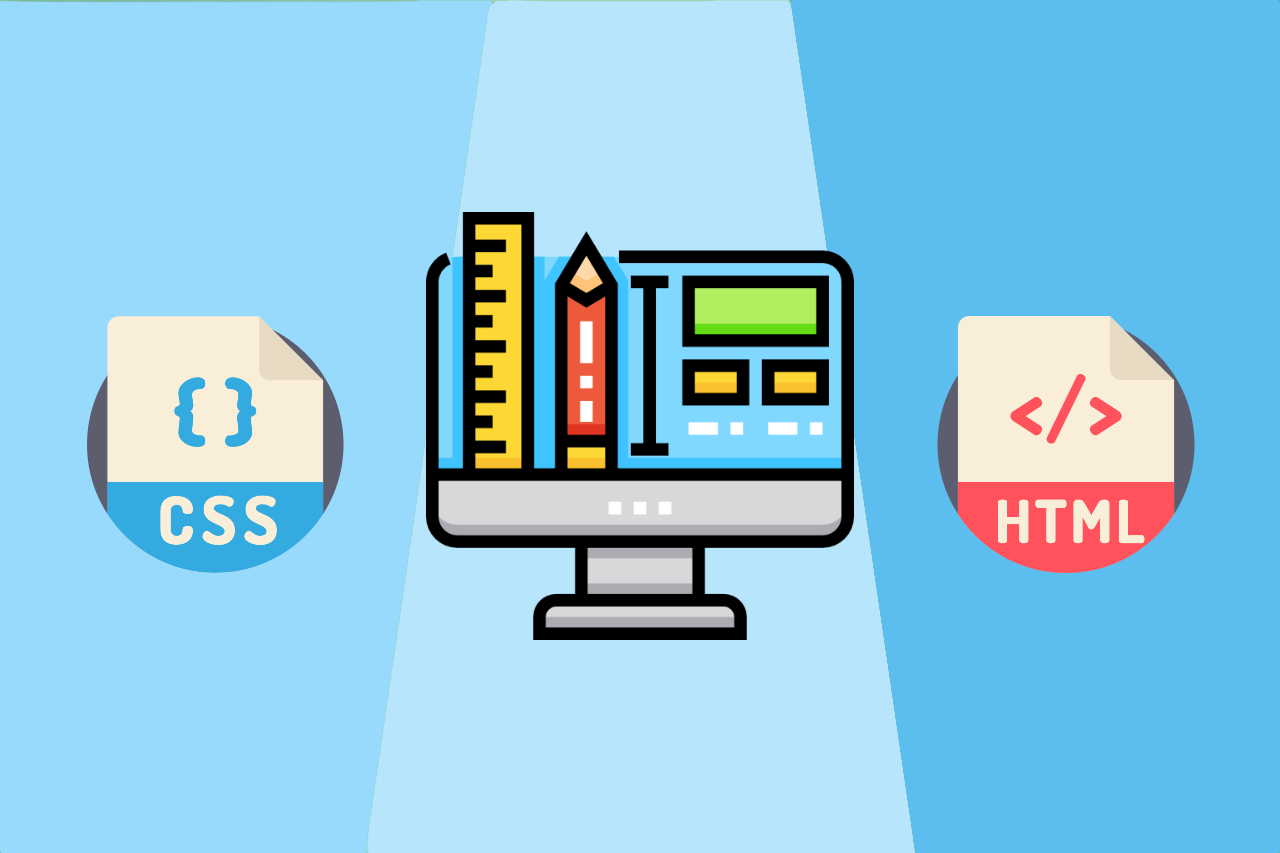 Illustration of a computer screen next to css and html files