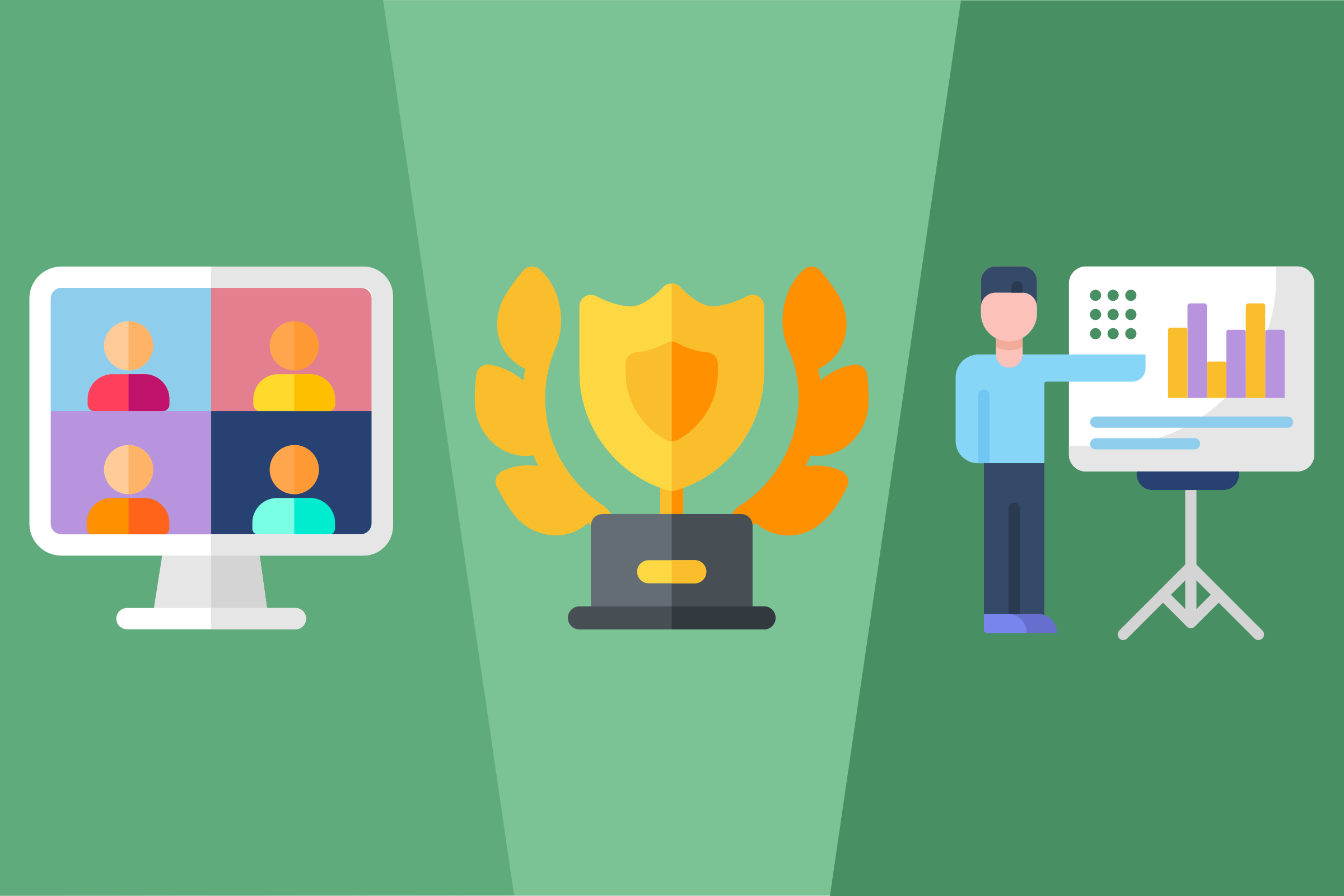 Illustration of an online call, trophy, and a man pointing to a whiteboard