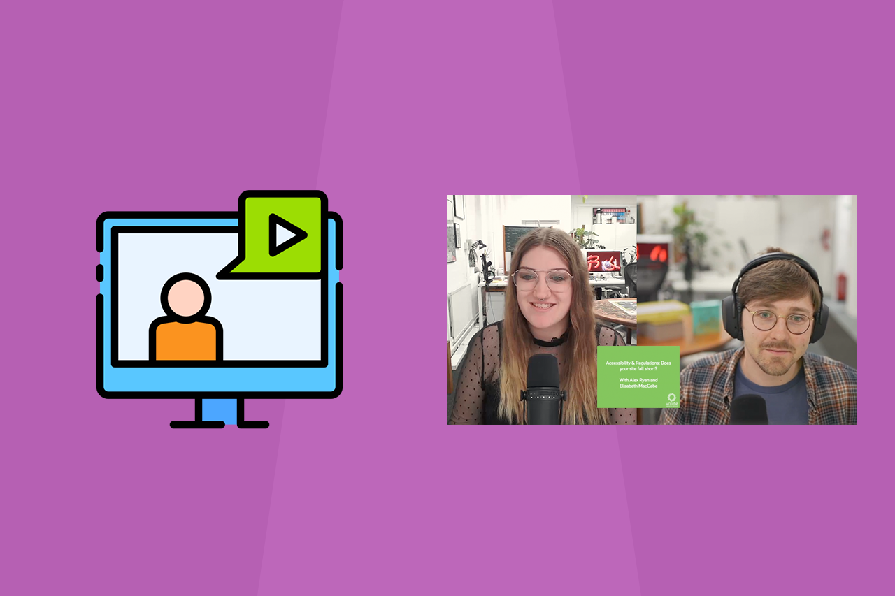 Computer screen icon and photo of Alex and Elizabeth presenting