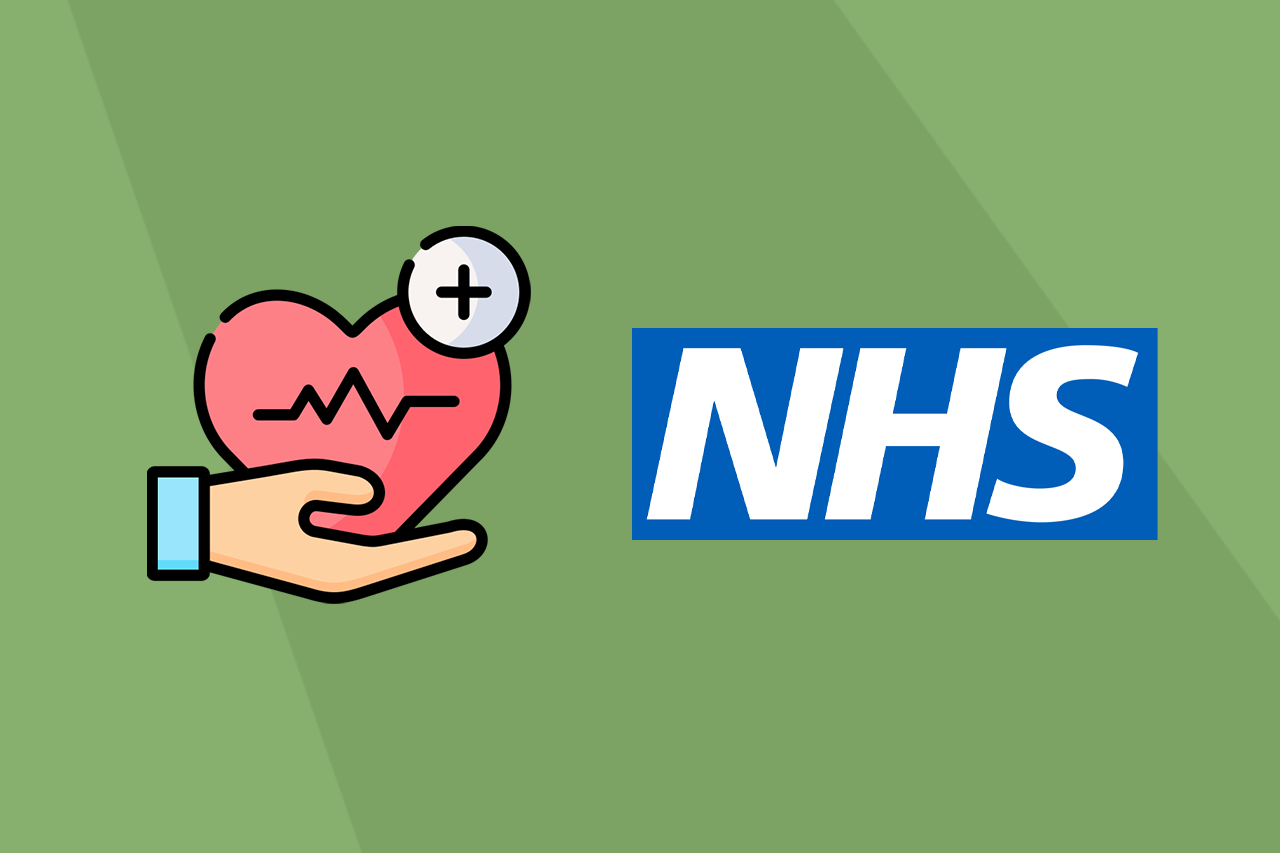 Heart symbol with a heart rate line next to the NHS logo
