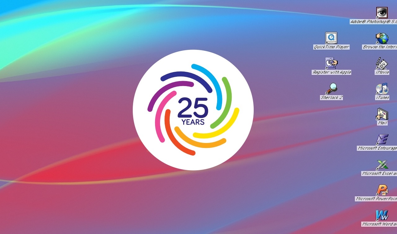 Volute 25 Years anniversary logo with old MacOS desktop image